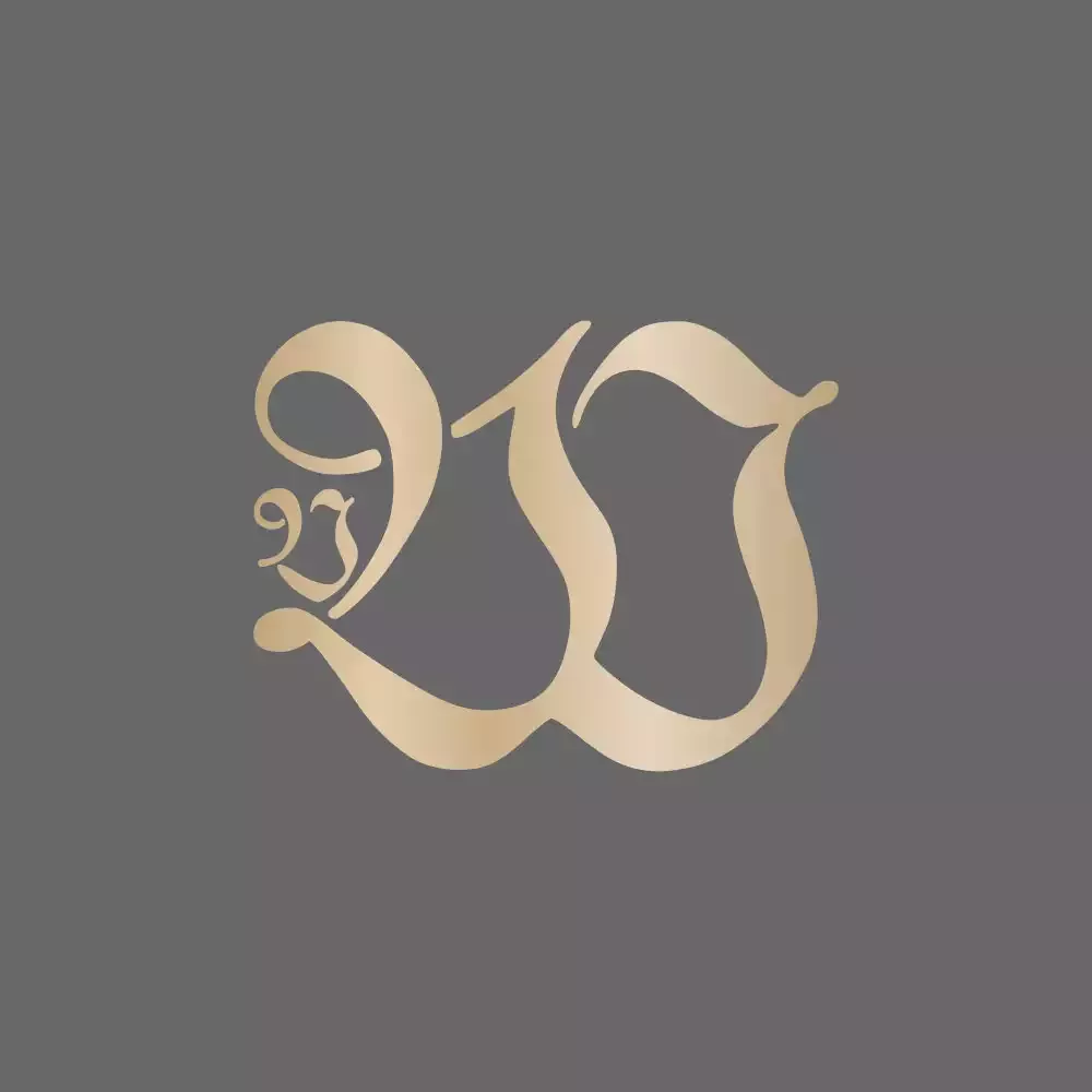 Goldenes Von Winning Logo auf dunkelgrauem Hintergrund. Die komplizierten Kurven und Wirbel ergeben eine künstlerische und elegante Komposition.
