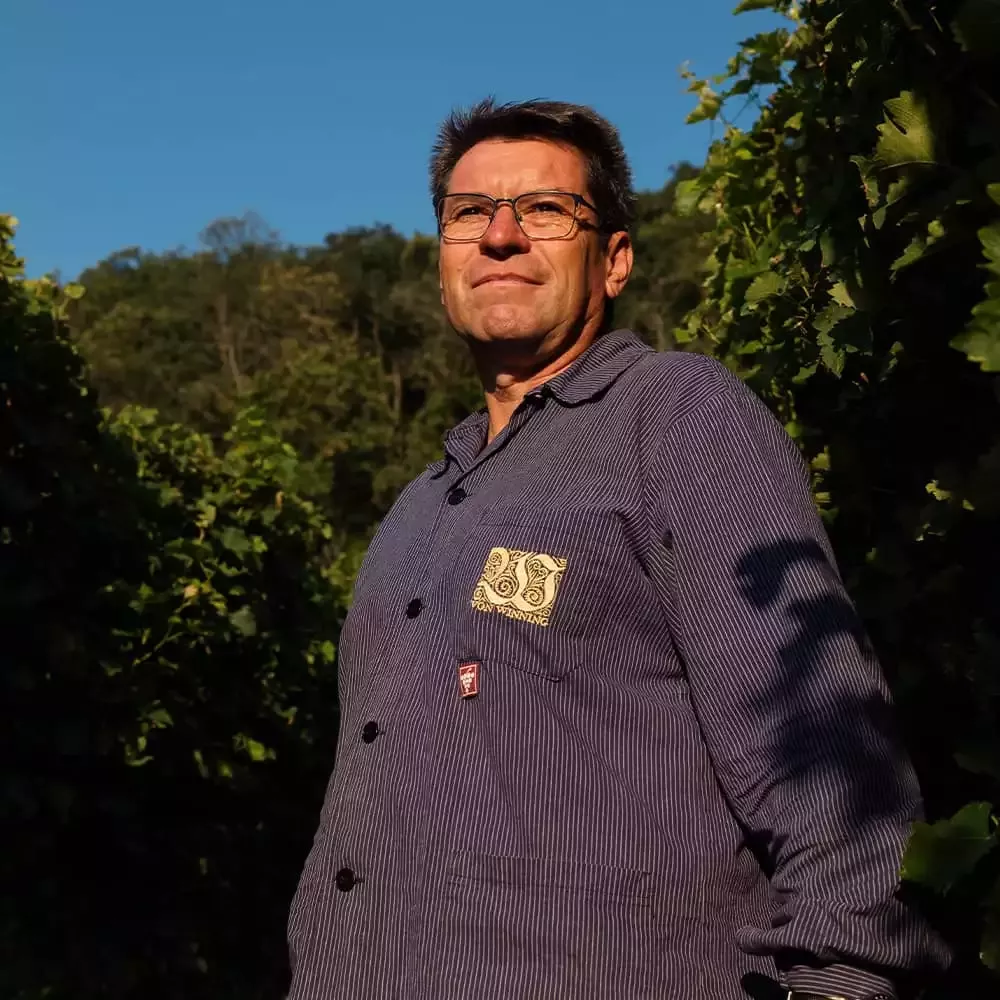 Ein Mann in einem blau gestreiften Hemd steht zwischen üppigen grünen Pflanzen und blickt mit nachdenklichem Gesichtsausdruck nach oben. Er trägt eine Brille und kurze dunkle Haare. Sonnenlicht wirft Schatten auf ihn, mit Bäumen und einem klaren blauen Himmel im Hintergrund.